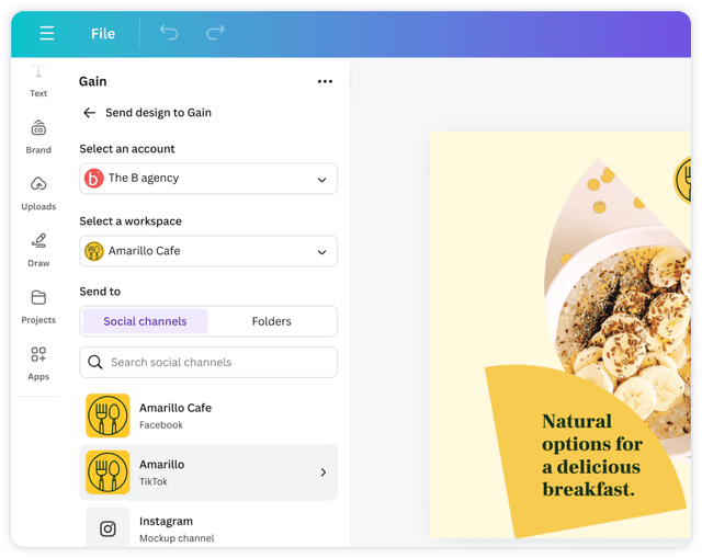 A social channel in Gain is being selected inside the Canva app