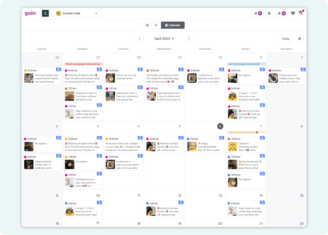 A screenshot of a content calendar in Gain, populated with Google Business Profile posts in different approval stages.