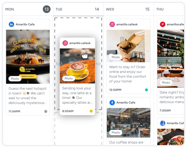A social post is being dragged to a different day in a content calendar